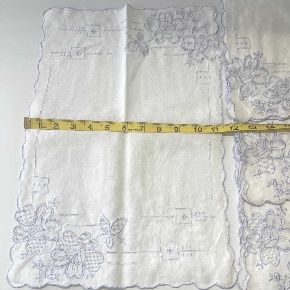 Vintage French Linen Napkins Lace Cutwork Embroidered Floral Scalloped Edge Set - Picture 5 of 7
